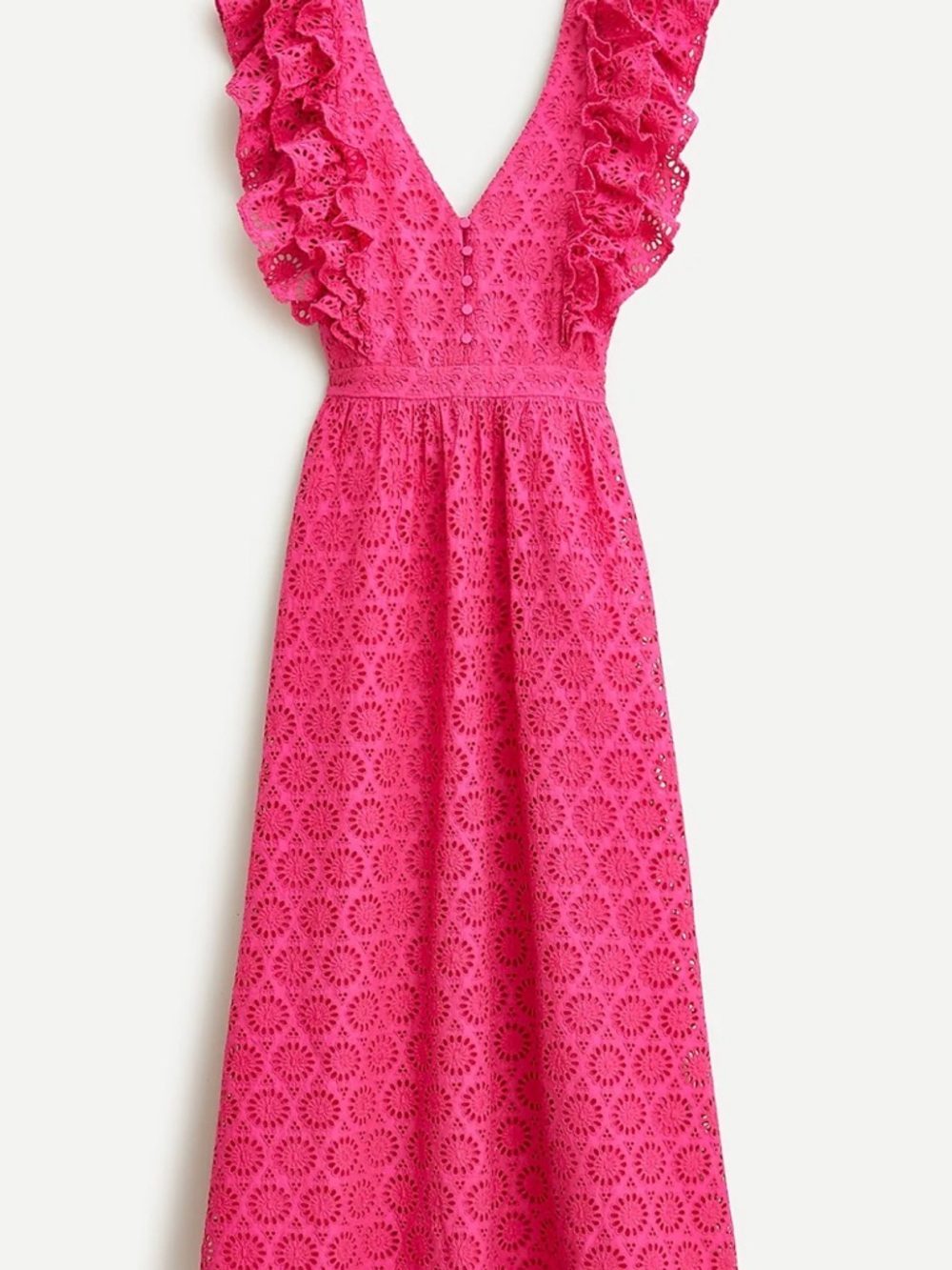 J. Crew Bright Pink Eyelet Ruffle V-Neck Dress